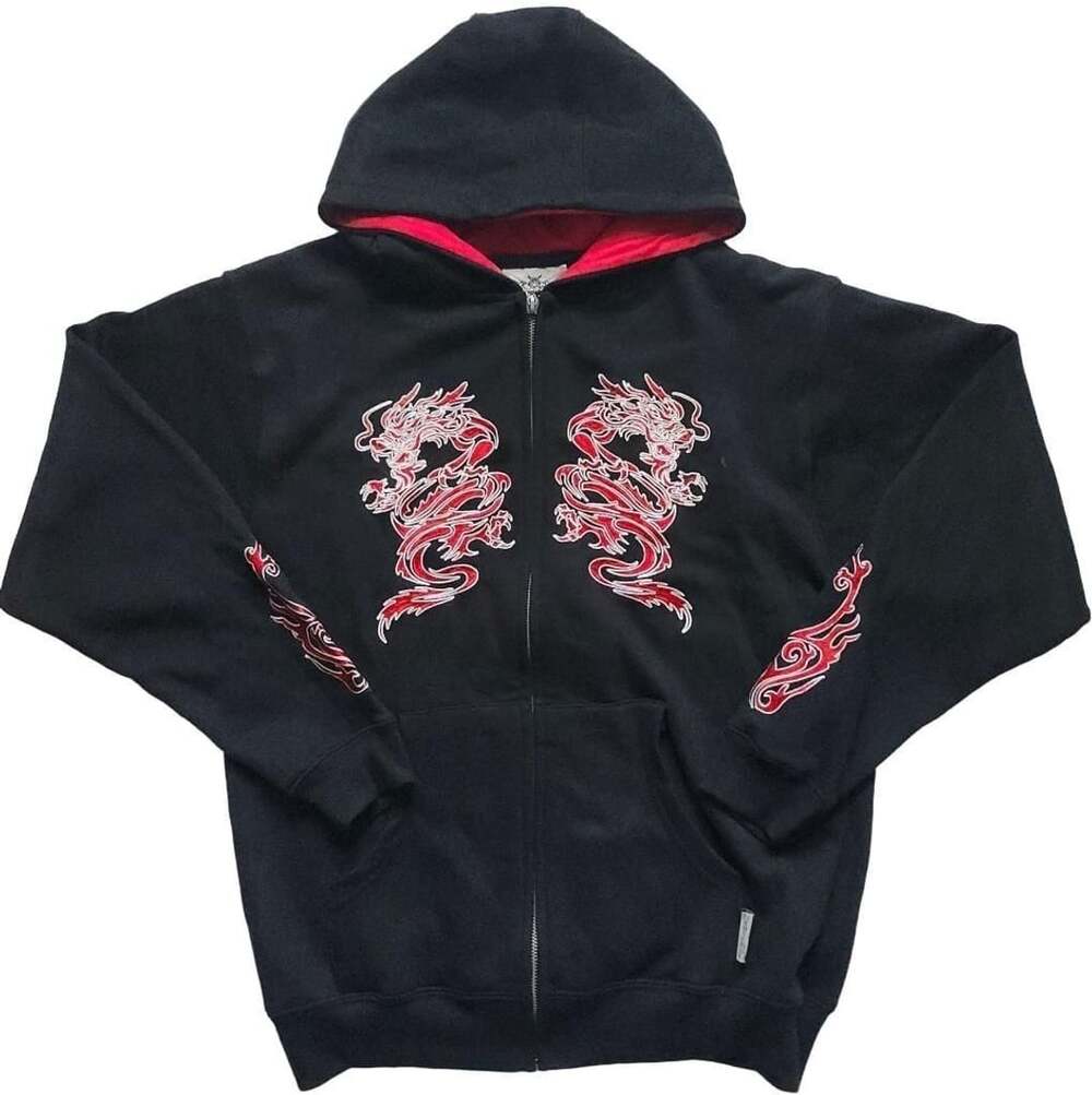 Silver Point Zip Up Hoodie Size XL Black Red Dragon Graphic Y2K